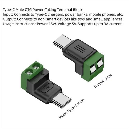 USB-C to 2-Pin Screw Terminal Adapter, Solderless (5V, 3A)