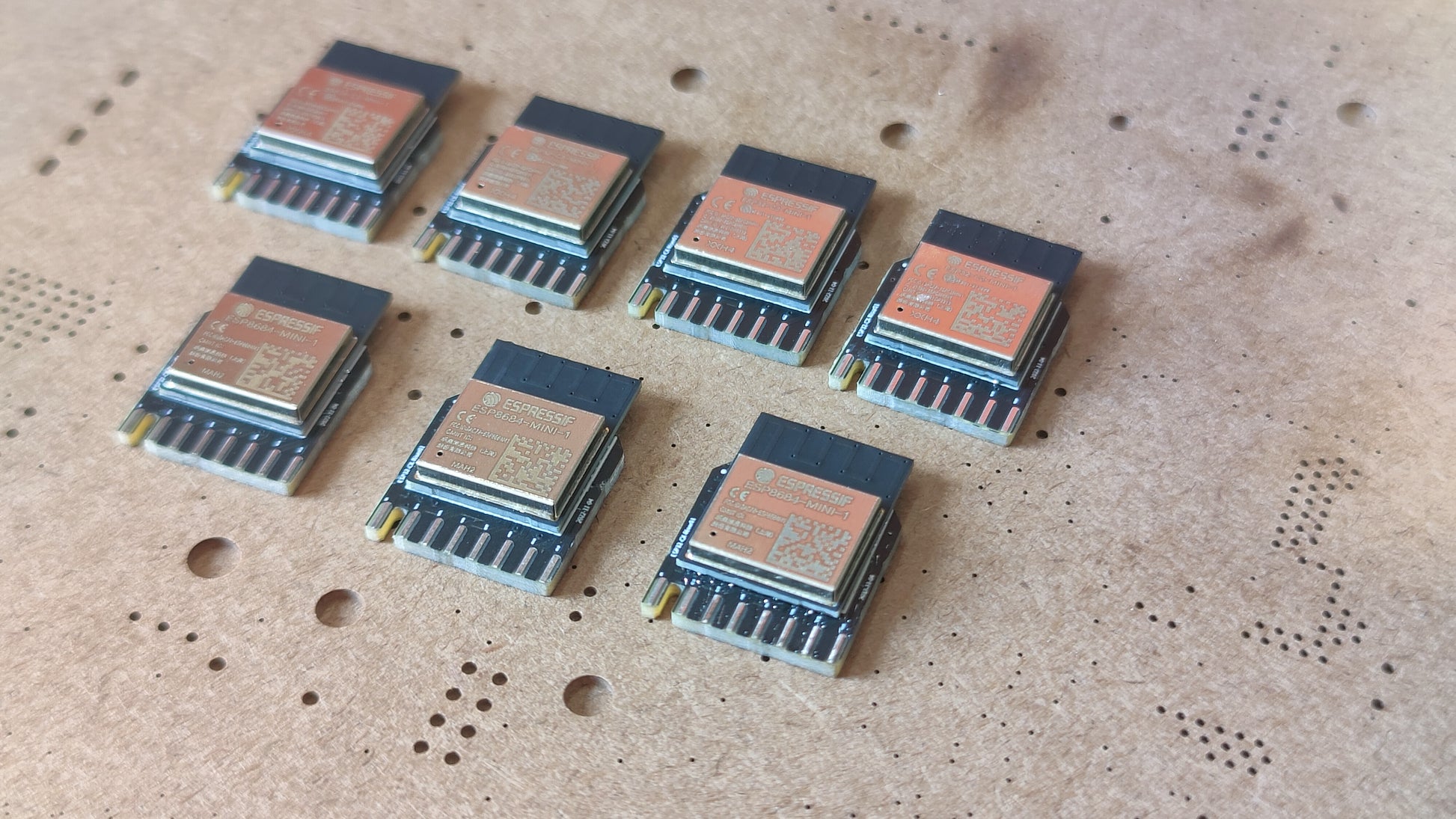 Seven of the ESP32-CX Riser Boards, Version 1.0, Laid Out