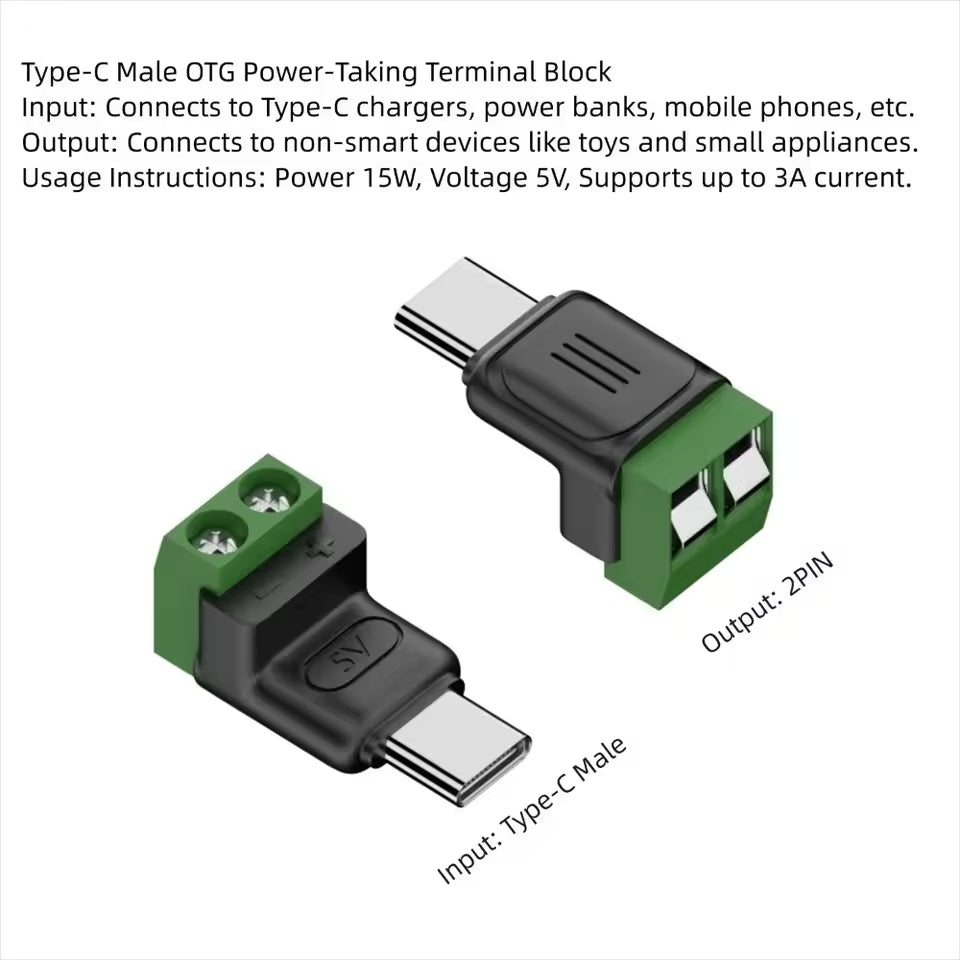 USB-C to 2-Pin Screw Terminal Adapter, Solderless (5V, 3A)