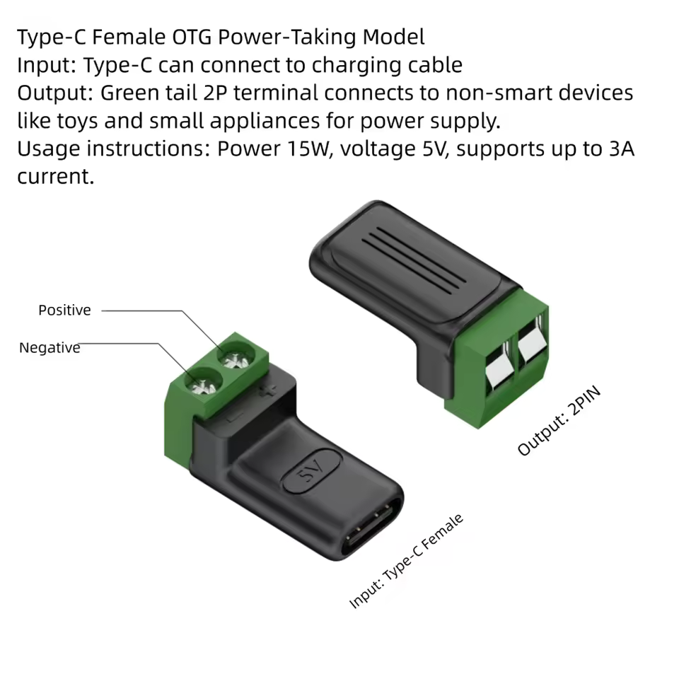 USB-C to 2-Pin Screw Terminal Adapter, Solderless (5V, 3A)