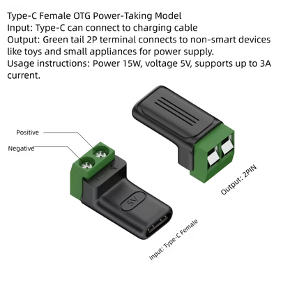 USB-C to 2-Pin Screw Terminal Adapter, Solderless (5V, 3A)